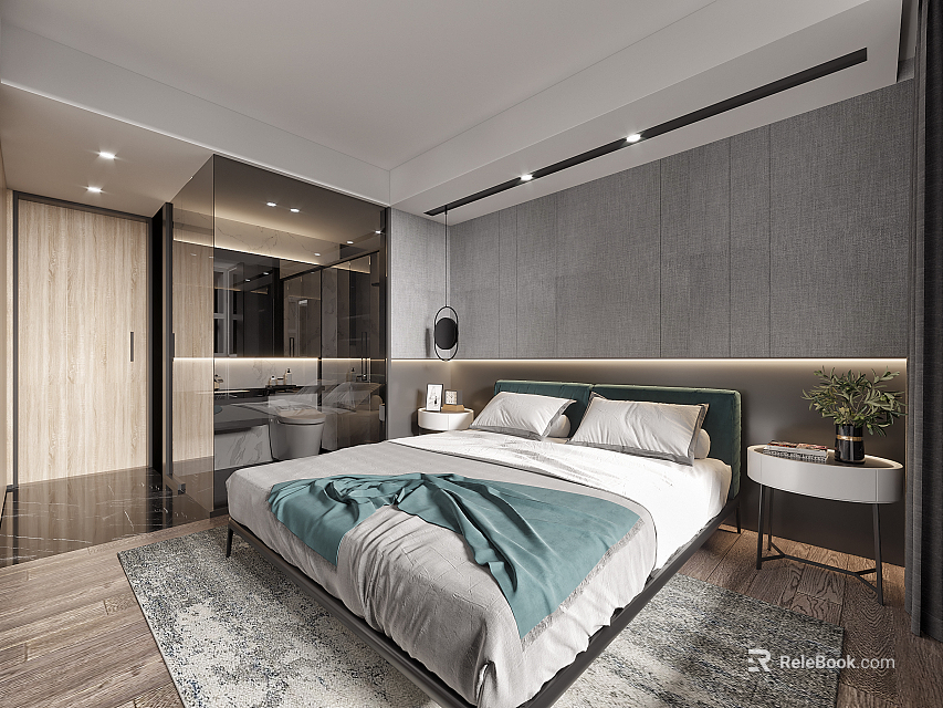 Modern Hotel Guest Room Interior With Cozy Bed Gray Walls Wooden Floor And Bedside Plant 3d model 