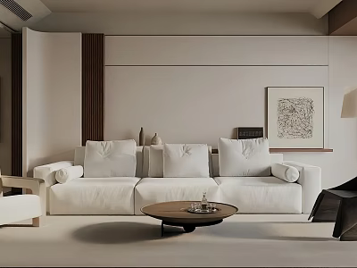 Modern Living Room Interior With White Sofa Wooden Coffee Table And Decorative Artwork 3d model