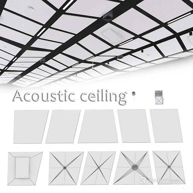 Acoustic Ceiling Ornament Set with Various Panel Designs for Interior Decor 3d model 