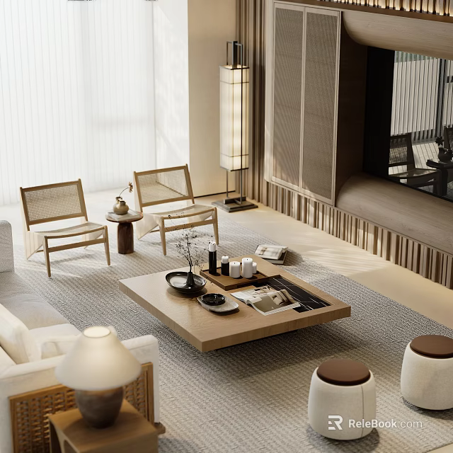 Minimalist Living Room Interior With White Sofa Wooden Coffee Table Rattan Chairs And Floor Lamp 3d model 