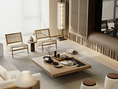 Minimalist Living Room Interior With White Sofa Wooden Coffee Table Rattan Chairs And Floor Lamp 3d model