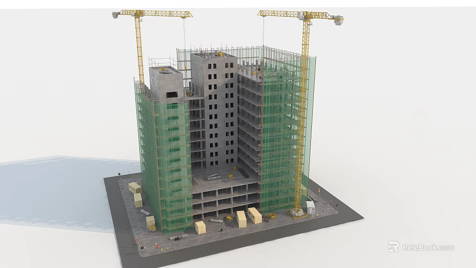 Construction Site Featuring High Rise Building Under Construction With Green Scaffolding And Tower Cranes 3d model 