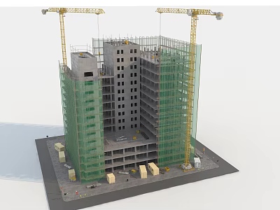 Construction Site Featuring High Rise Building Under Construction With Green Scaffolding And Tower Cranes 3d model