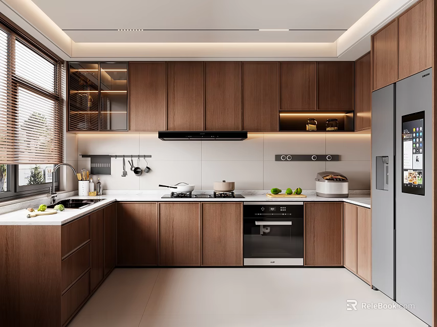 Modern Kitchen Interior Design With Wooden Cabinets White Countertops And Stainless Steel Appliances 3d model 