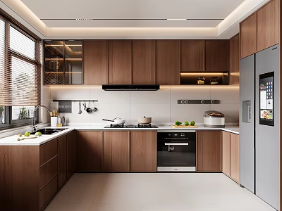 Modern Kitchen Interior Design With Wooden Cabinets White Countertops And Stainless Steel Appliances 3d model