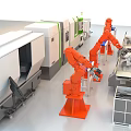 Advanced Industrial Equipment Featuring Orange Robotic Arms Automated Production Line And Blue Workbenches