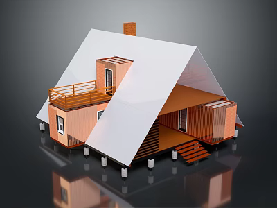 Cartoon Scene of a House with White Triangular Roof Orange Wooden Walls Balcony Railings and Steps 3d model