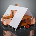 Cartoon Scene of a House with White Triangular Roof Orange Wooden Walls Balcony Railings and Steps