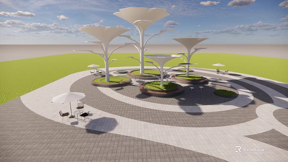 White Petal Shaped Outdoor Pergola With Green Lawn Paved Ground And Seating Area 3d model 