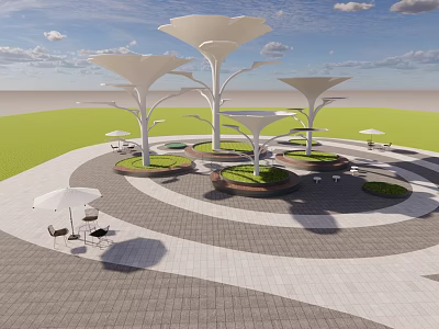 White Petal Shaped Outdoor Pergola With Green Lawn Paved Ground And Seating Area 3d model