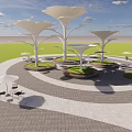 White Petal Shaped Outdoor Pergola With Green Lawn Paved Ground And Seating Area