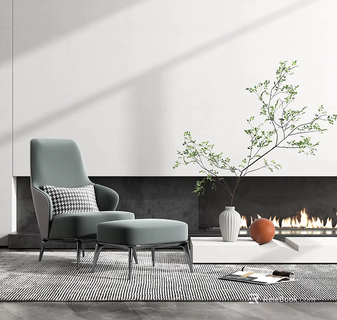 Gray Single-Seater Sofa With Matching Ottoman Checkered Cushion Near Fireplace With Flames And Green Plant 3d model 