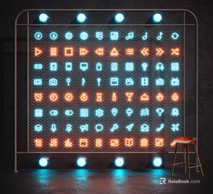 Neon Style Decorative Lights Featuring Various Symbol Icons in Modern Room Setup 3d model 