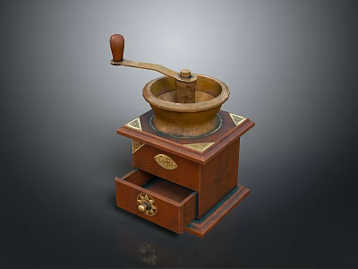 Vintage Wooden Manual Grinder With Brass Decorations And Drawer Design 3d model