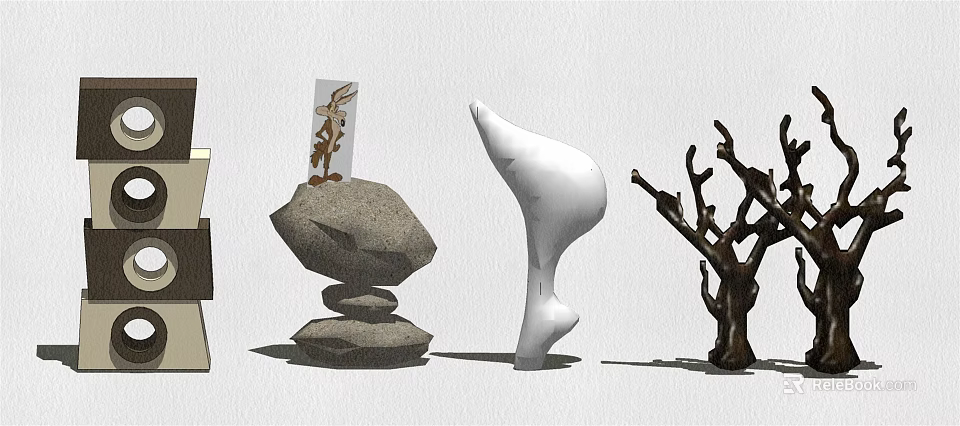 Decorative Ornament Combination With Stacked Stone Sculpture Abstract White Figurine And Twig Branch Decor 3d model 