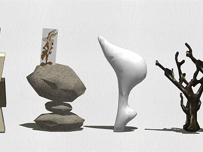 Decorative Ornament Combination With Stacked Stone Sculpture Abstract White Figurine And Twig Branch Decor 3d model