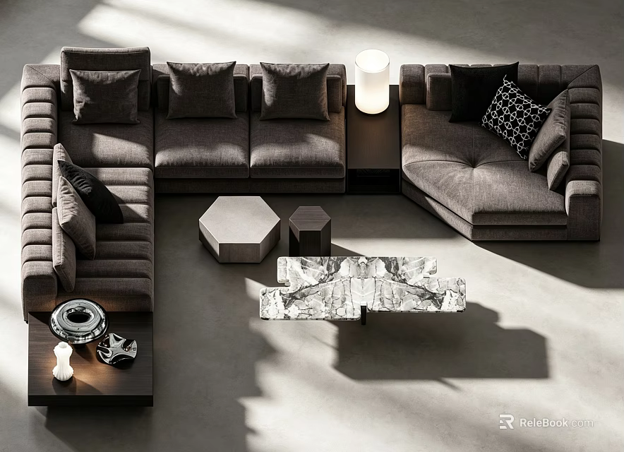 Modern Luxury Sectional Sofa Set With Marble And Hexagon Coffee Tables For Stylish Living Room 3d model 