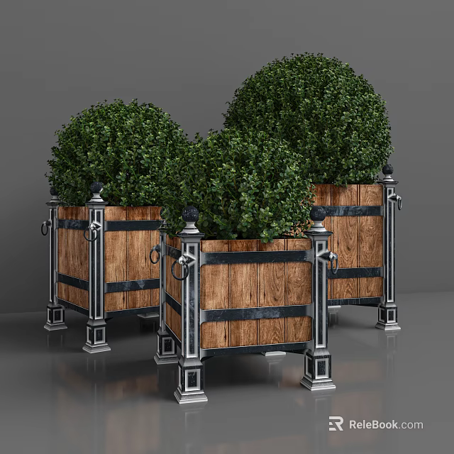 Garden Ornaments Featuring Wooden Planters With Metal Frames And Green Spherical Topiaries 3d model 