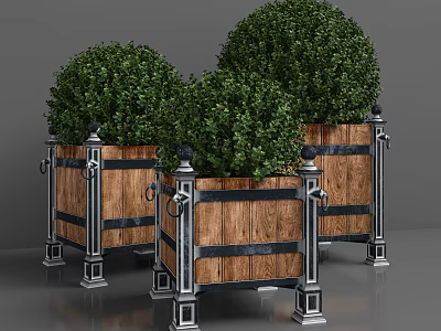 Garden Ornaments Featuring Wooden Planters With Metal Frames And Green Spherical Topiaries 3d model