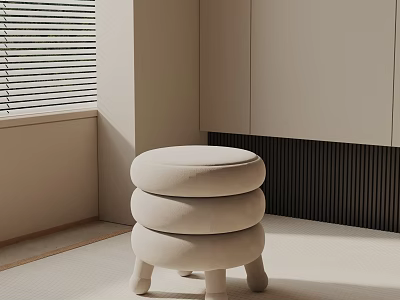 Three Tiered Beige Upholstered Side Table in Modern Minimalist Interior with Window Blinds 3d model