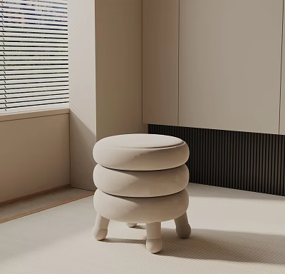 Three Tiered Beige Upholstered Side Table in Modern Minimalist Interior with Window Blinds 3d model