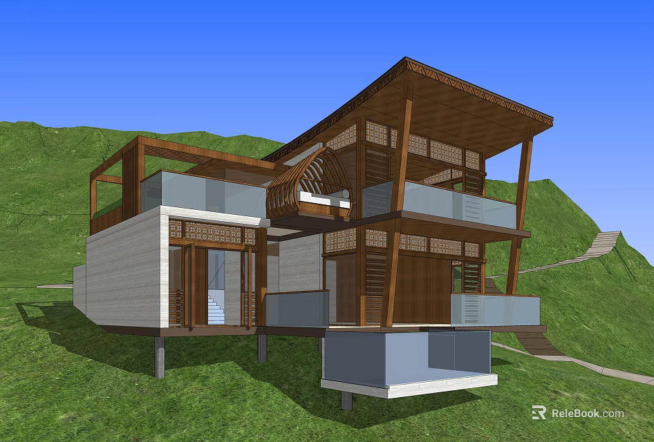 Modern Detached Villa With Wooden Structure And Balconies In Green Hills 3d model 
