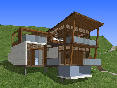 Modern Detached Villa With Wooden Structure And Balconies In Green Hills 3d model