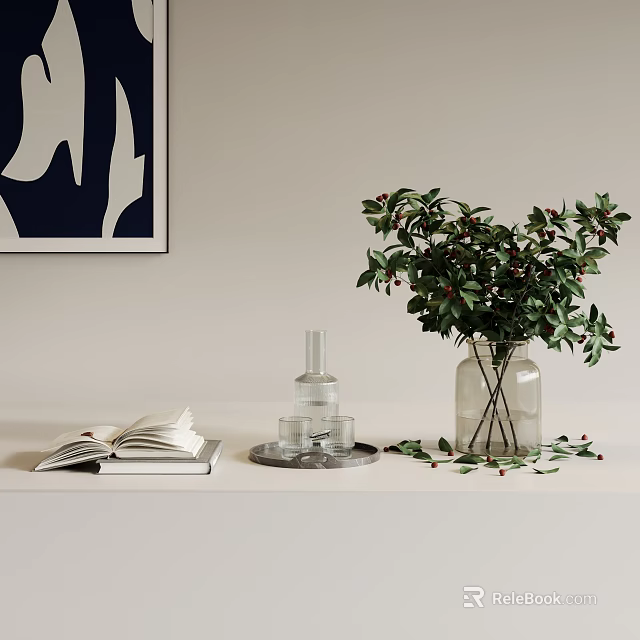 Stylish Decorative Ornaments Set With Green Foliage Clear Glass Vase Open Book And Berries 3d model 