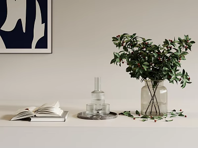 Stylish Decorative Ornaments Set With Green Foliage Clear Glass Vase Open Book And Berries 3d model