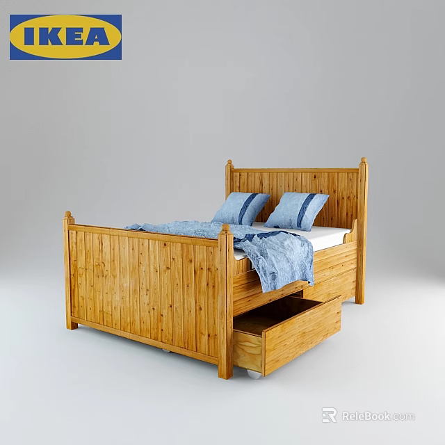 Solid Wooden Double Bed With Blue Pillows And Underbed Storage Drawers 3d model 