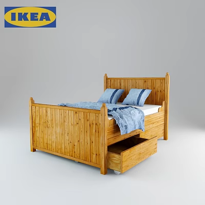Solid Wooden Double Bed With Blue Pillows And Underbed Storage Drawers 3d model