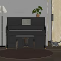 Black Yamaha Piano With Sheet Music Stool Floor Lamp And Green Plant Against Gray Wall