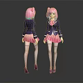 Anime Schoolgirl Character Front Back View With Pink Hair Black Coat Plaid Skirt And High Heels