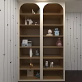 Wooden Console Cabinet with Double Arch Design Multi layer Shelves Decorated with Ornaments on White Wall with Black Arrows