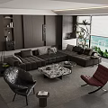 Modern Sofa and Coffee Table Set with Red Black Armchairs Floor to Ceiling Windows Green Plants