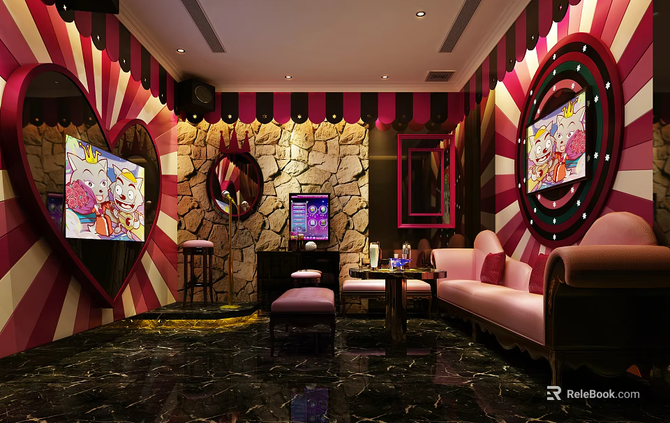Stylish KTV Room Interior With Pink Sofas Heart Shaped Decor And Cartoon Screens 3d model 