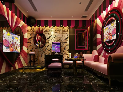 Stylish KTV Room Interior With Pink Sofas Heart Shaped Decor And Cartoon Screens 3d model