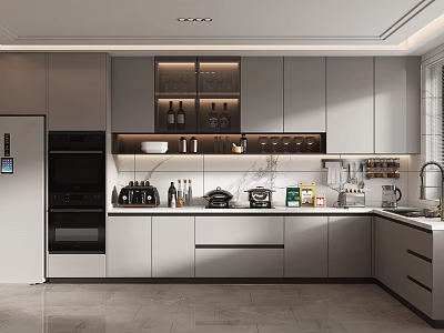 Modern Kitchen Interior Design With Gray Cabinets Oven Coffee Maker And Countertop 3d model