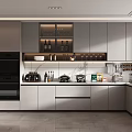 Modern Kitchen Interior Design With Gray Cabinets Oven Coffee Maker And Countertop