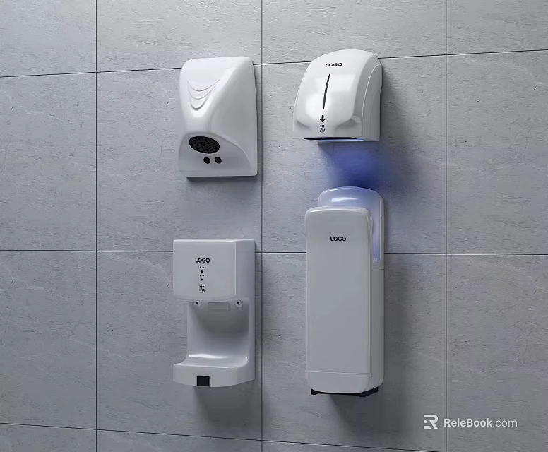 Wall Mounted Public Hygiene Facilities On White Tiled Wall With Hand Dryer And Dispensers 3d model 