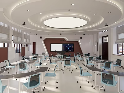 Modern School Classroom with Round Tables Blue Chairs Smart Blackboard and White Ceiling 3d model