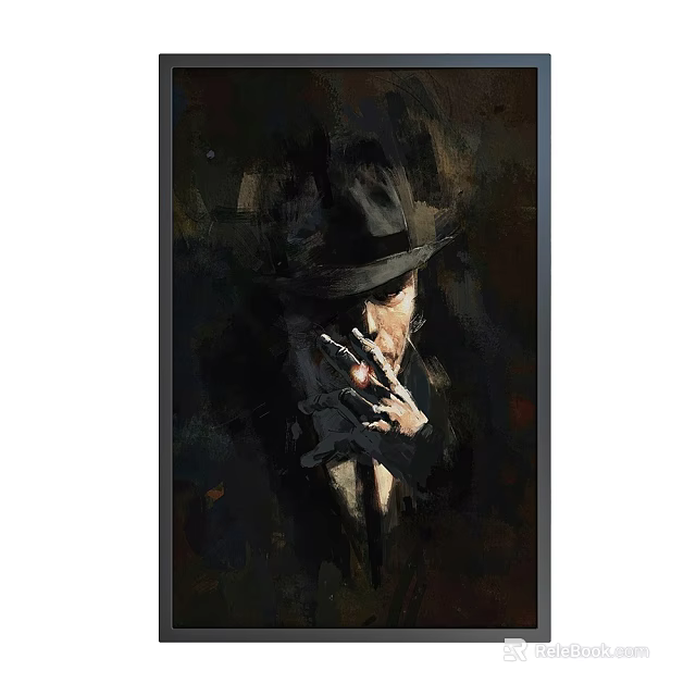 Artistic Portrait Painting of Hatted Man Smoking with Dark Background Details 3d model 