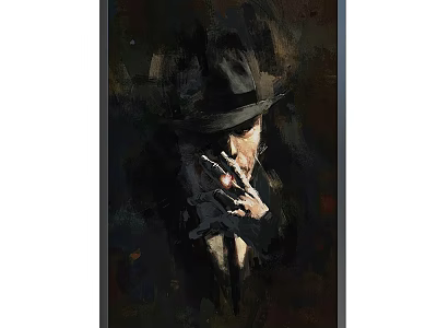 Artistic Portrait Painting of Hatted Man Smoking with Dark Background Details 3d model