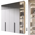 Modern Storage Cabinet With White Panels Gold Handles And Adjacent Bookshelf With Books Decorative Items