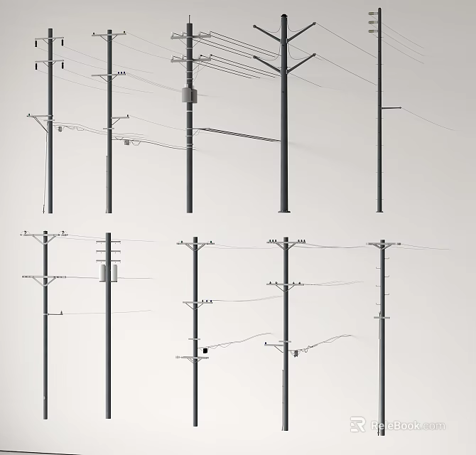 Multiple Telephone Poles Arranged In Rows With Power Lines Against Gray Background 3d model 
