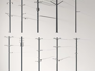 Multiple Telephone Poles Arranged In Rows With Power Lines Against Gray Background 3d model