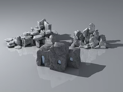 Gray Stone Garden Ornaments With Stacked Structures And Small House Shapes 3d model