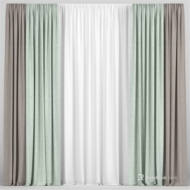 Layered Curtains With Light Green Brown And White Textured Fabric For Home Decor 3d model 