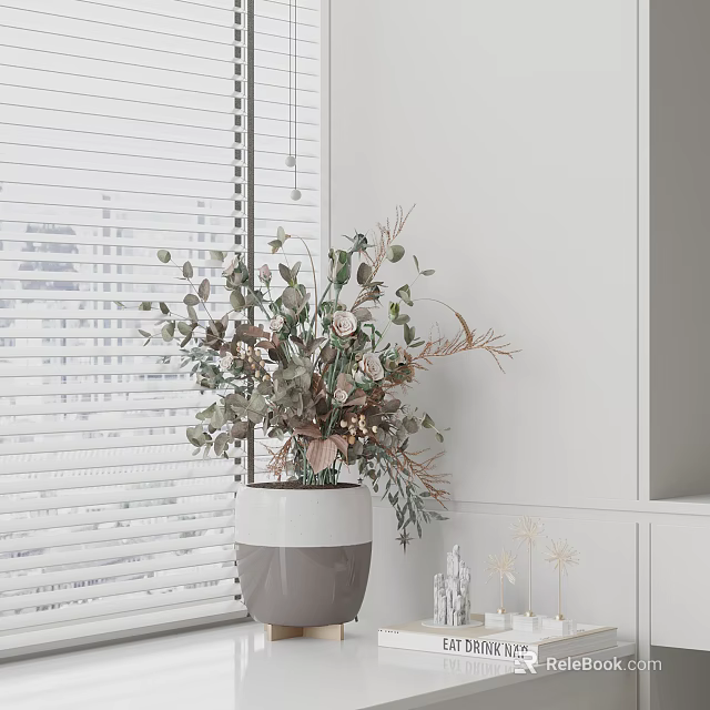 Minimalist Gray And White Vase With Green Leaves Pink Blooms By Window With White Blinds 3d model 