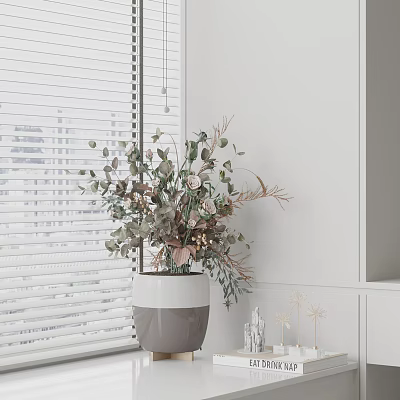 Minimalist Gray And White Vase With Green Leaves Pink Blooms By Window With White Blinds 3d model